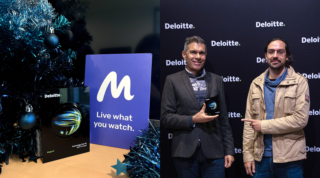 Physical Deloitte Technology Fast 50 Portugal 2024 Award and a photo Pedro and Eduardo receiving the prize