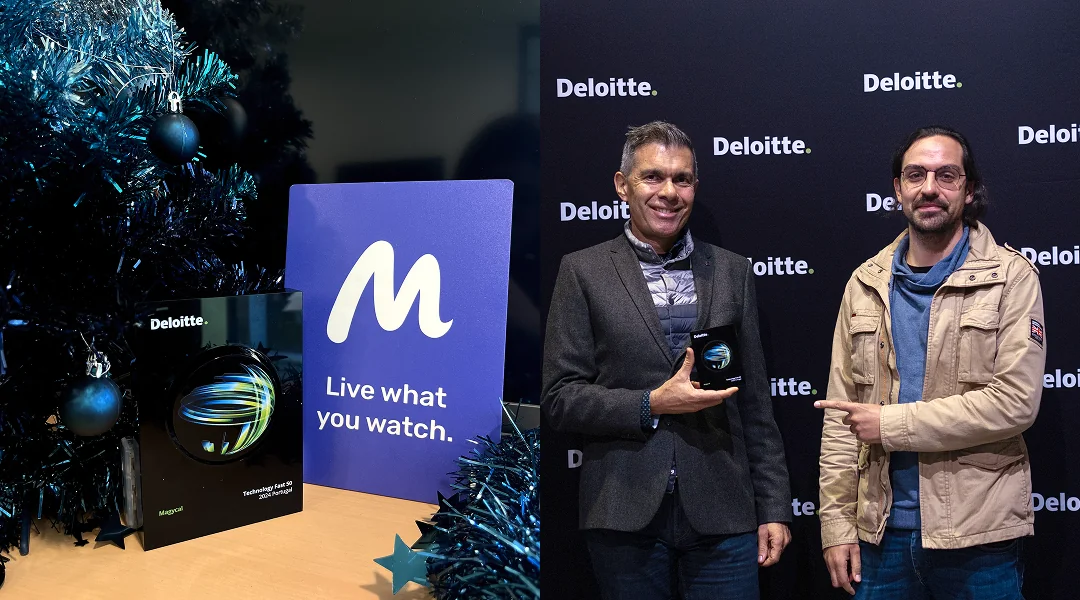 Physical Deloitte Technology Fast 50 Portugal 2024 Award and a photo Pedro and Eduardo receiving the prize